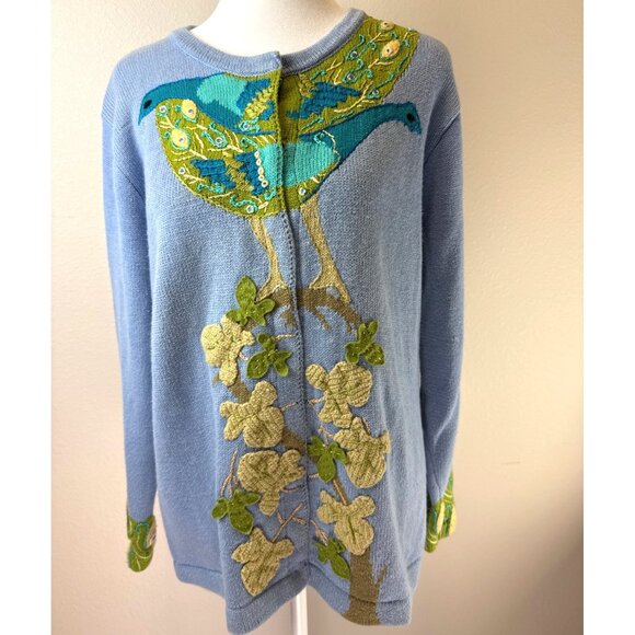 Storybook Knits Women's Blue/Green Button Up Cardigan Sweater Embracing Peacocks - Picture 1 of 12